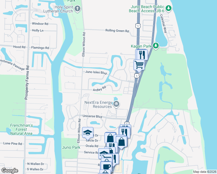 map of restaurants, bars, coffee shops, grocery stores, and more near 1716 Ardley Road in North Palm Beach
