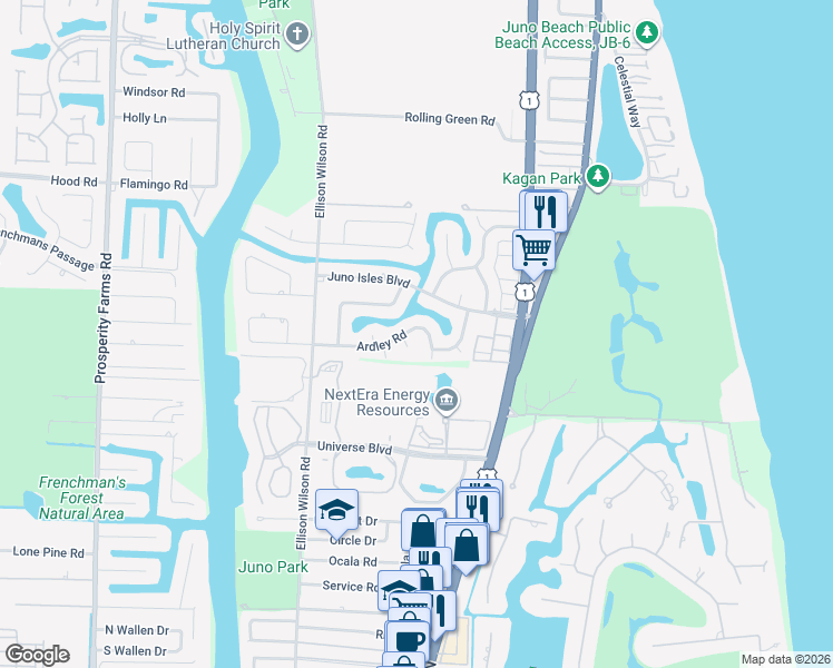 map of restaurants, bars, coffee shops, grocery stores, and more near 1716 Ardley Road in North Palm Beach