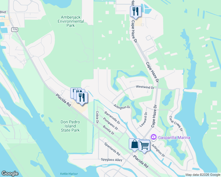 map of restaurants, bars, coffee shops, grocery stores, and more near 15 Windward Road in Cape Haze