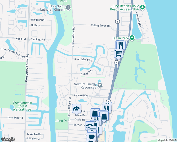 map of restaurants, bars, coffee shops, grocery stores, and more near 1831 Ardley Circle in North Palm Beach