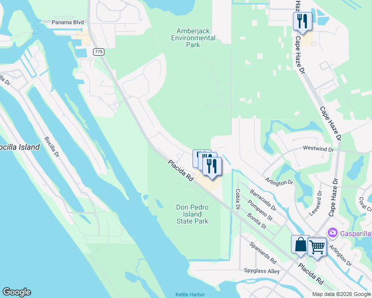 map of restaurants, bars, coffee shops, grocery stores, and more near 8409 Placida Road in Placida