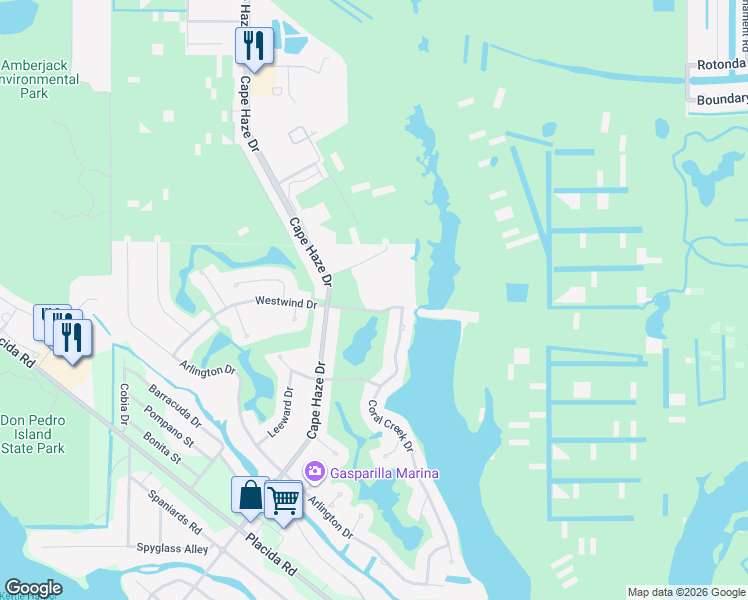 map of restaurants, bars, coffee shops, grocery stores, and more near 575 Coral Creek Drive in Placida