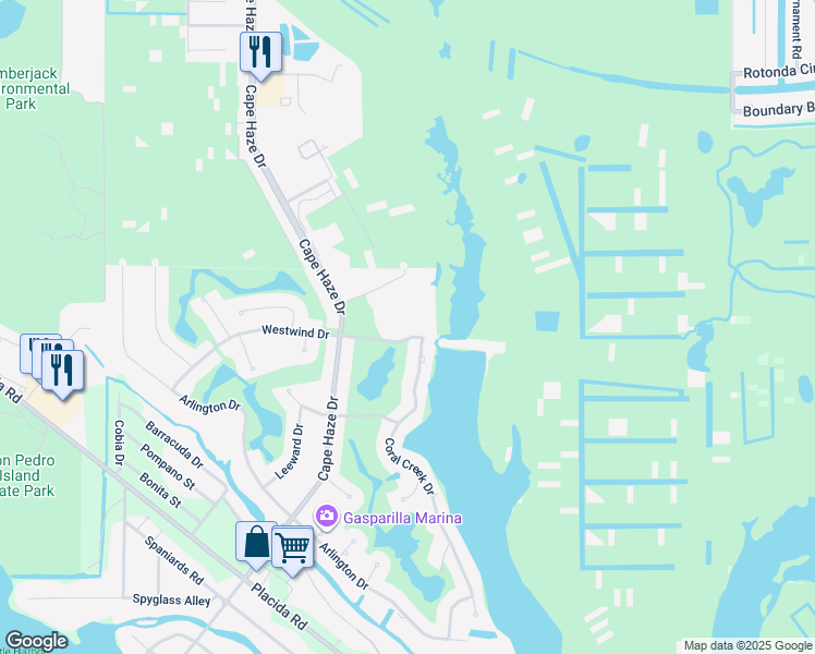 map of restaurants, bars, coffee shops, grocery stores, and more near 575 Coral Creek Drive in Placida