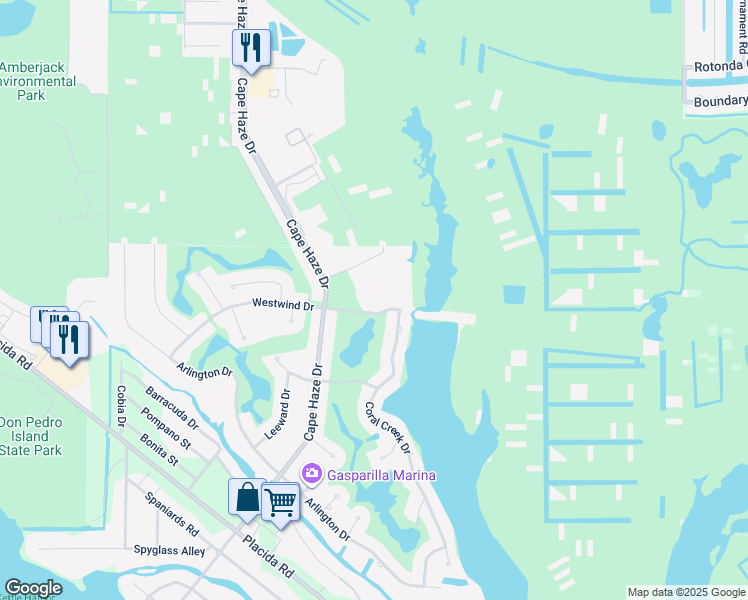 map of restaurants, bars, coffee shops, grocery stores, and more near 575 Coral Creek Drive in Placida