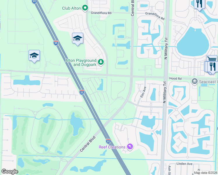 map of restaurants, bars, coffee shops, grocery stores, and more near 12816 Woodmill Drive in Palm Beach Gardens