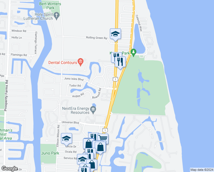 map of restaurants, bars, coffee shops, grocery stores, and more near 1587 Juno Isles Boulevard in North Palm Beach