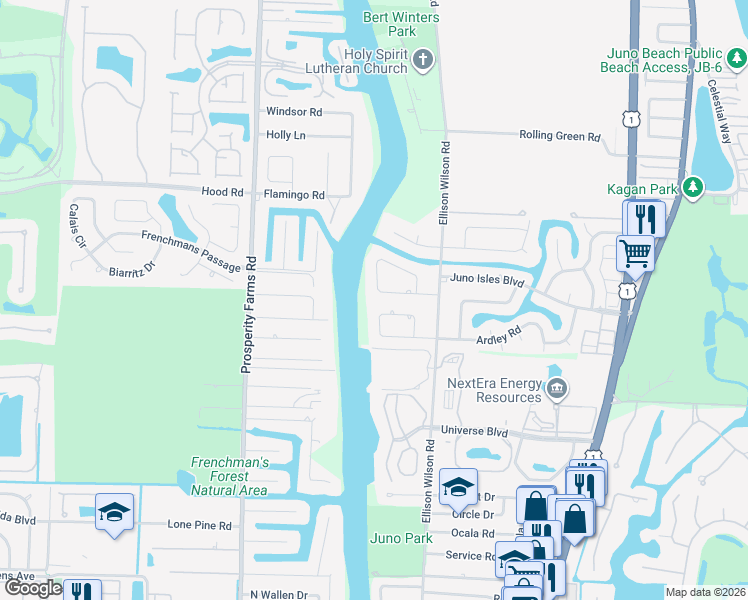 map of restaurants, bars, coffee shops, grocery stores, and more near 2162 Radnor Road in North Palm Beach