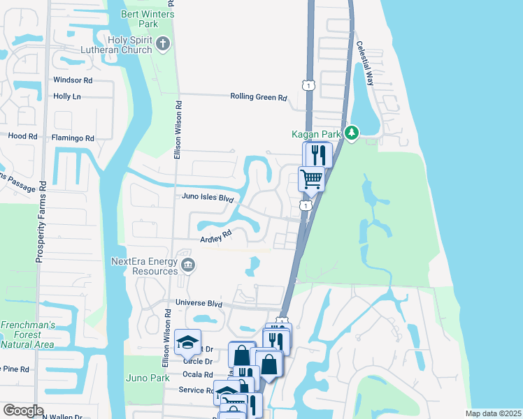 map of restaurants, bars, coffee shops, grocery stores, and more near 1679 Juno Isles Boulevard in North Palm Beach
