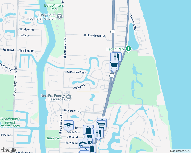 map of restaurants, bars, coffee shops, grocery stores, and more near 1679 Juno Isles Boulevard in North Palm Beach