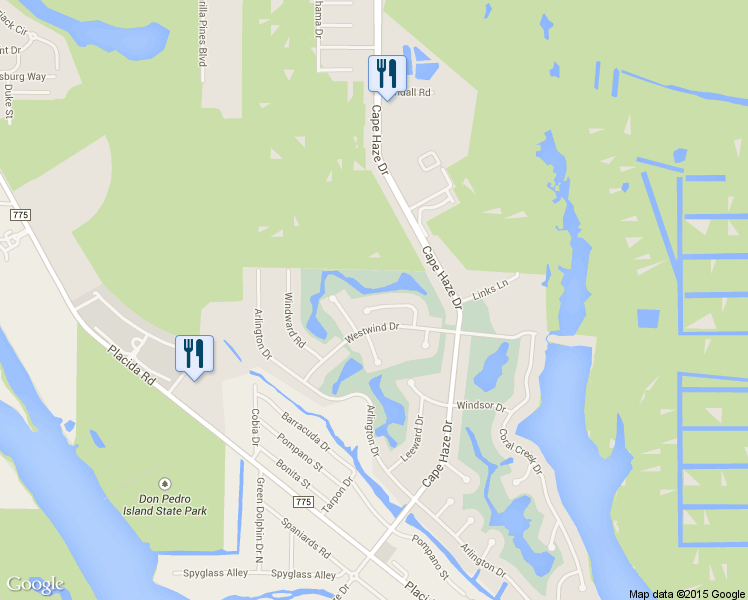 map of restaurants, bars, coffee shops, grocery stores, and more near 28 Windward Court in Placida