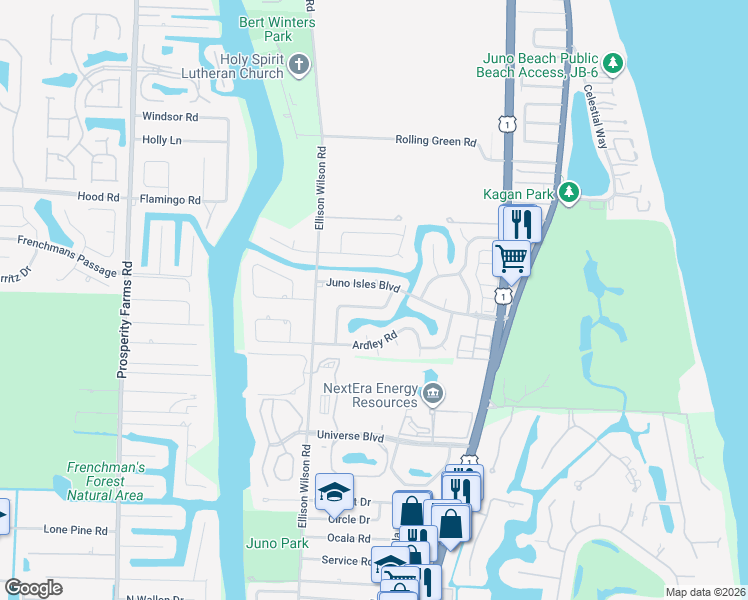 map of restaurants, bars, coffee shops, grocery stores, and more near 1813 Tudor Road in North Palm Beach