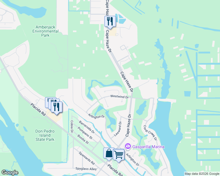 map of restaurants, bars, coffee shops, grocery stores, and more near 28 Windward Court in Placida