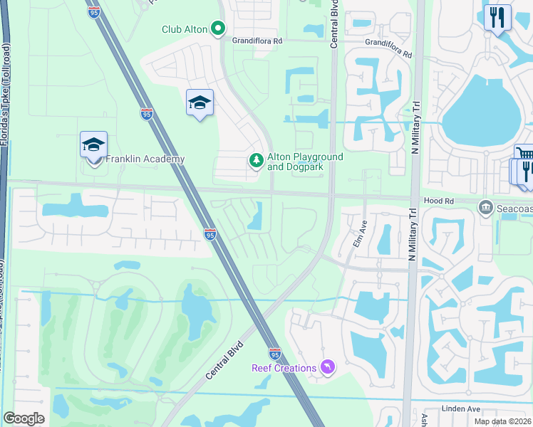 map of restaurants, bars, coffee shops, grocery stores, and more near 12825 Woodmill Drive in Palm Beach Gardens