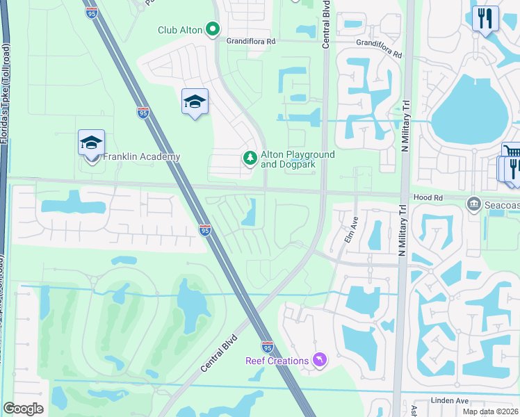 map of restaurants, bars, coffee shops, grocery stores, and more near 12827 Woodmill Drive in Palm Beach Gardens