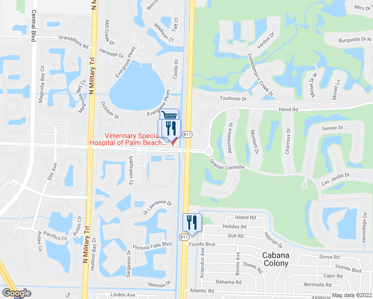 map of restaurants, bars, coffee shops, grocery stores, and more near FL A1AAlt & Hood Rd in Palm Beach Gardens