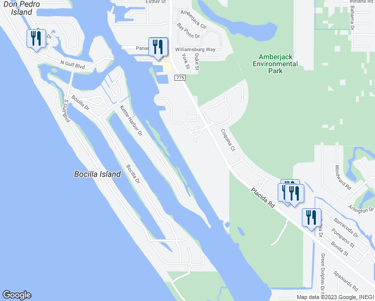 map of restaurants, bars, coffee shops, grocery stores, and more near 8414 Placida Road in Placida