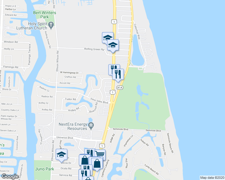 map of restaurants, bars, coffee shops, grocery stores, and more near 12800 U.S. 1 in Juno Beach