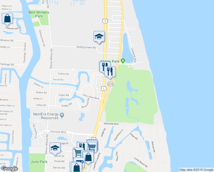 map of restaurants, bars, coffee shops, grocery stores, and more near 12800 U.S. 1 in Juno Beach