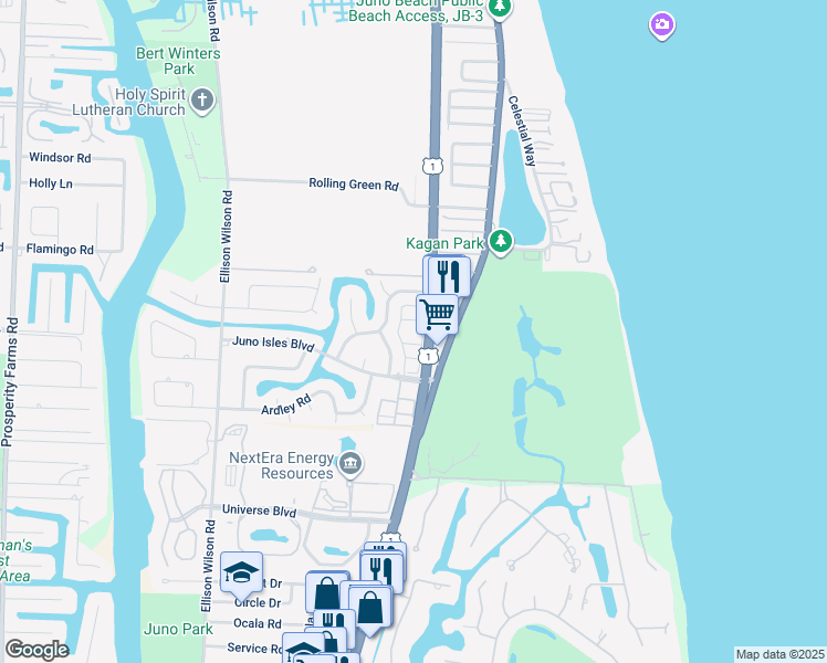 map of restaurants, bars, coffee shops, grocery stores, and more near 12801 U.S. 1 in Juno Beach
