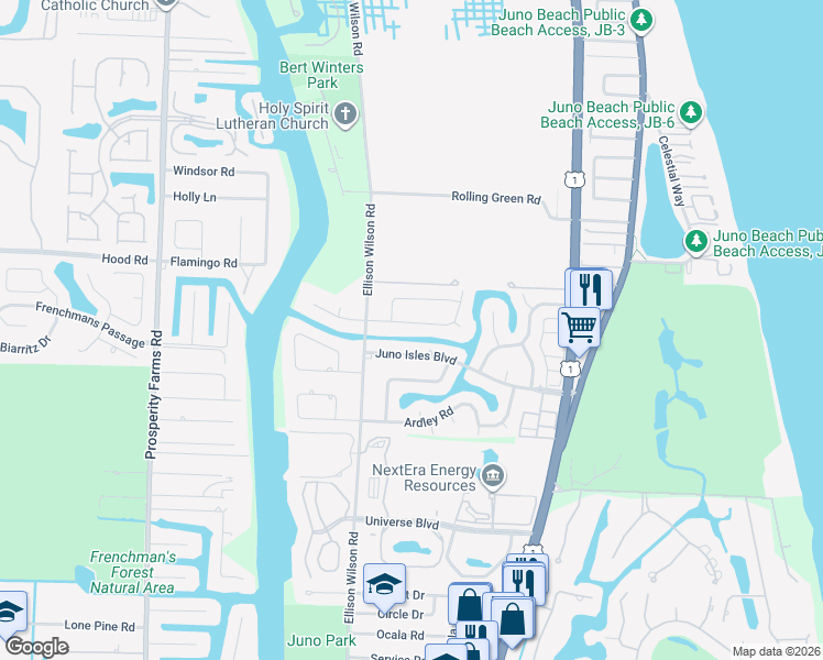map of restaurants, bars, coffee shops, grocery stores, and more near 1888 Ascott Road in North Palm Beach