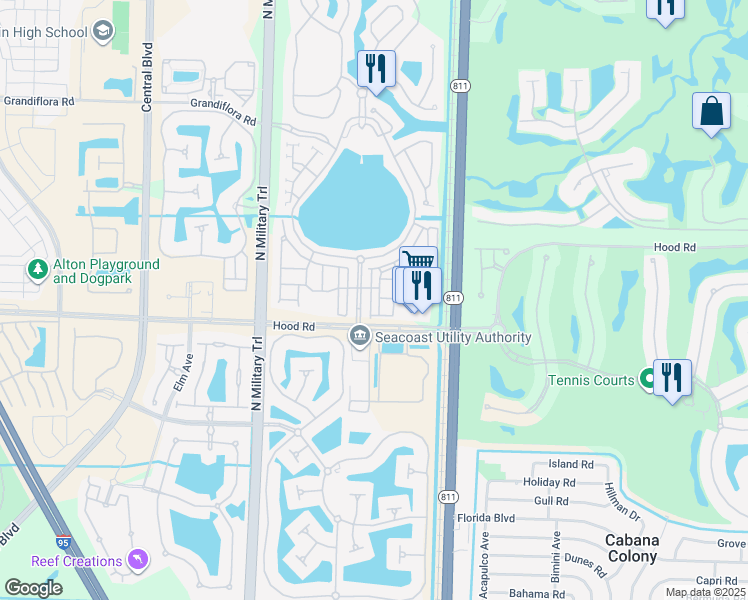 map of restaurants, bars, coffee shops, grocery stores, and more near 19 Stoney Drive in Palm Beach Gardens