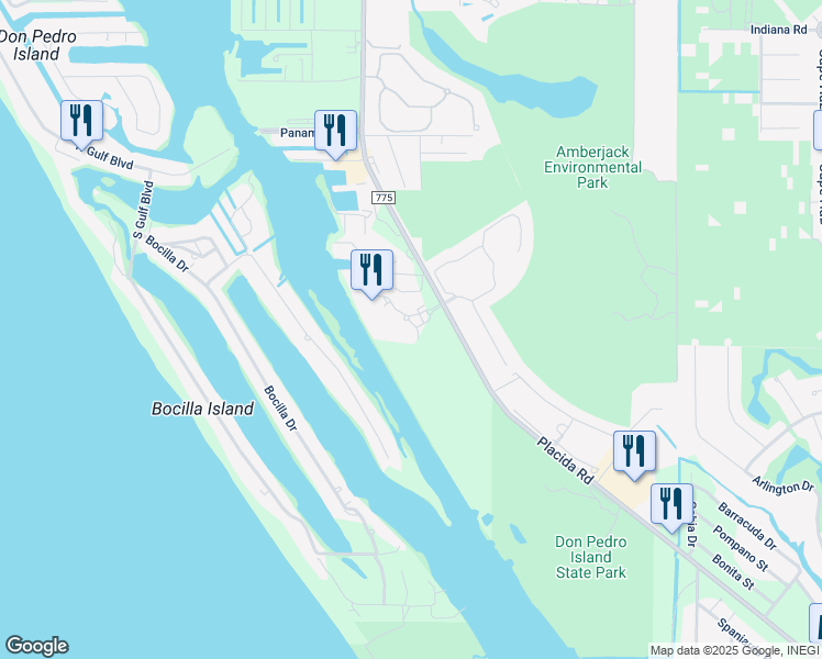 map of restaurants, bars, coffee shops, grocery stores, and more near 8414 Placida Road in Placida