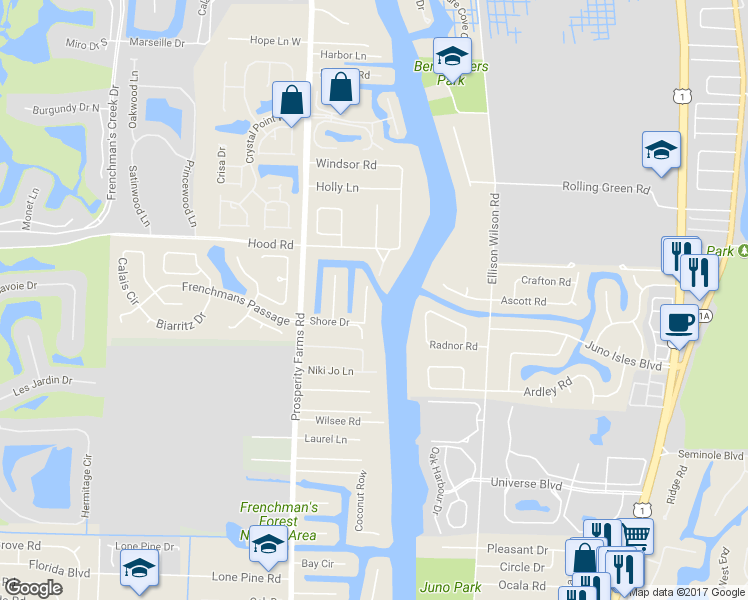map of restaurants, bars, coffee shops, grocery stores, and more near 12864 Shore Drive in Palm Beach Gardens