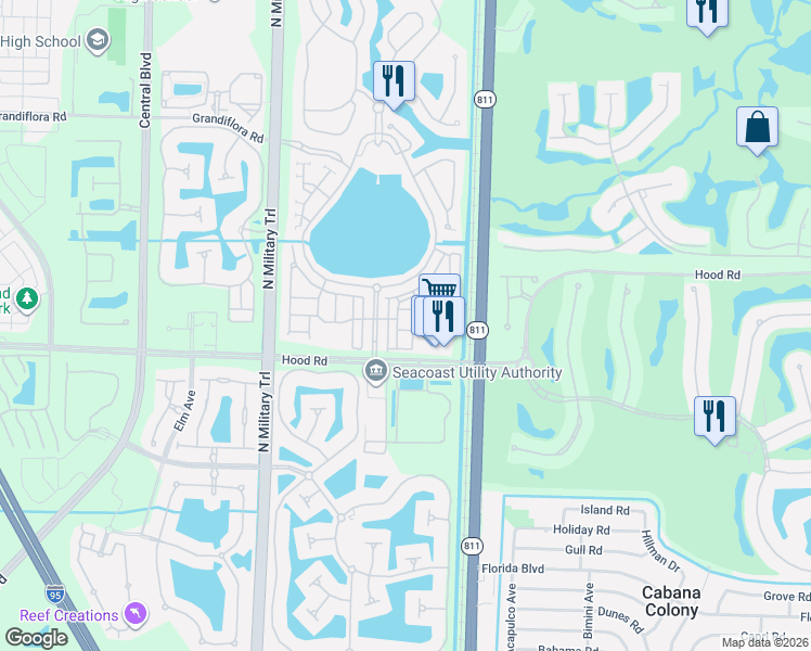 map of restaurants, bars, coffee shops, grocery stores, and more near 18 Stoney Drive in Palm Beach Gardens