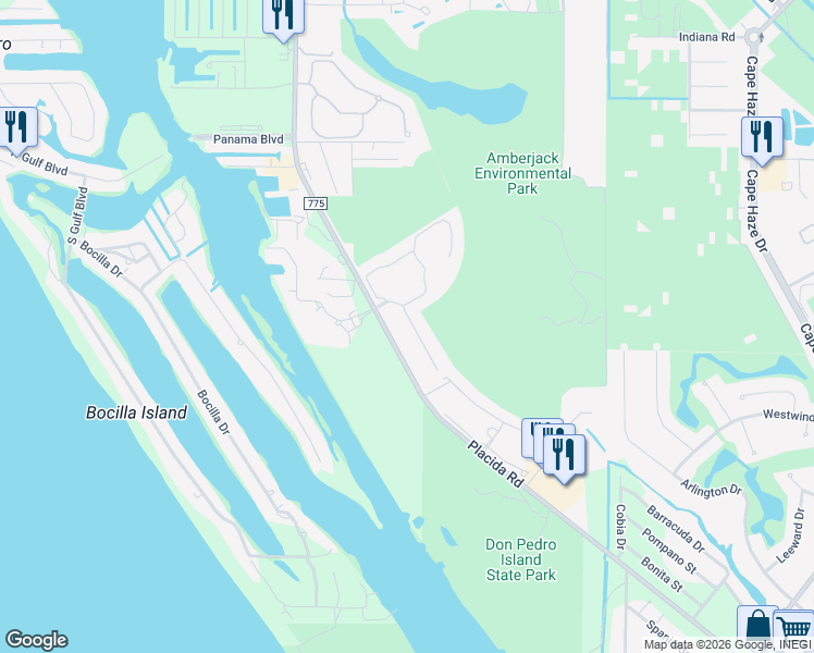 map of restaurants, bars, coffee shops, grocery stores, and more near 10430 Coquina Court in Placida