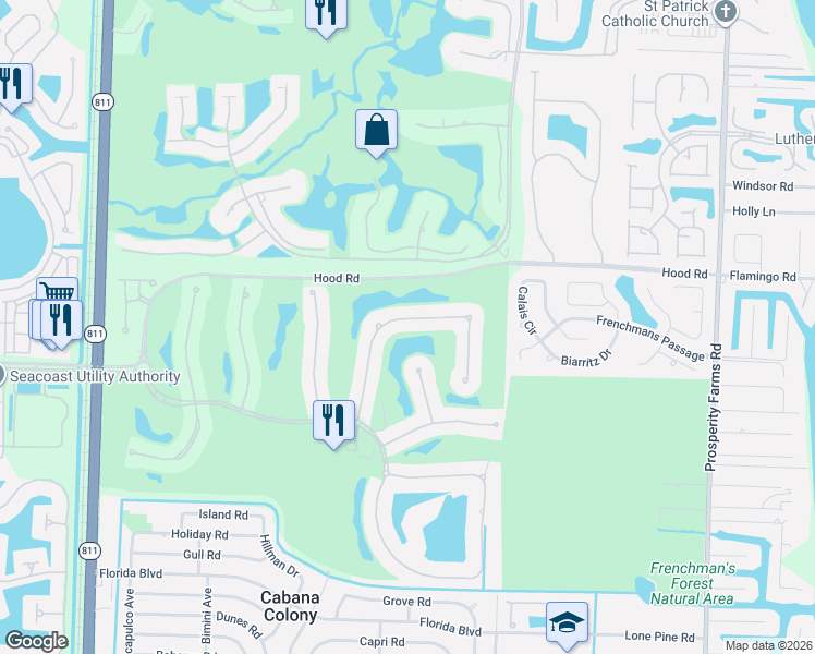 map of restaurants, bars, coffee shops, grocery stores, and more near 438 Savoie Drive in Palm Beach Gardens