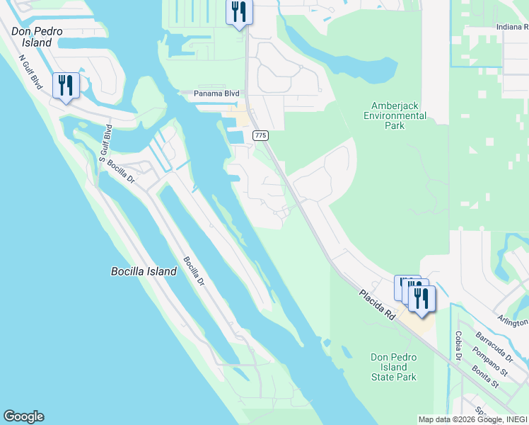 map of restaurants, bars, coffee shops, grocery stores, and more near 8414 Placida Road in Placida