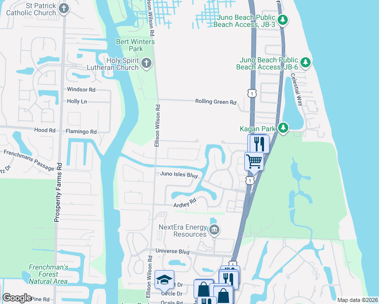 map of restaurants, bars, coffee shops, grocery stores, and more near 1855 Crafton Road in North Palm Beach