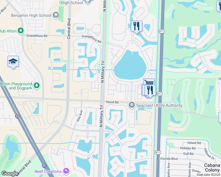 map of restaurants, bars, coffee shops, grocery stores, and more near 491 Leaf Drive in Palm Beach Gardens