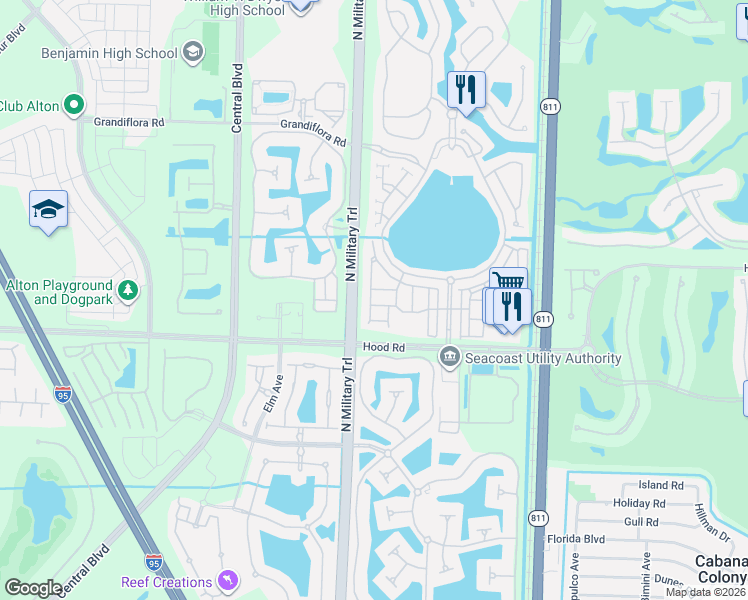 map of restaurants, bars, coffee shops, grocery stores, and more near 381 Columbus Street in Palm Beach Gardens