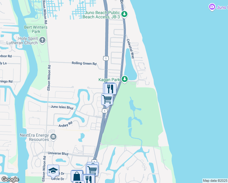 map of restaurants, bars, coffee shops, grocery stores, and more near 471 Juno Dunes Way in Juno Beach