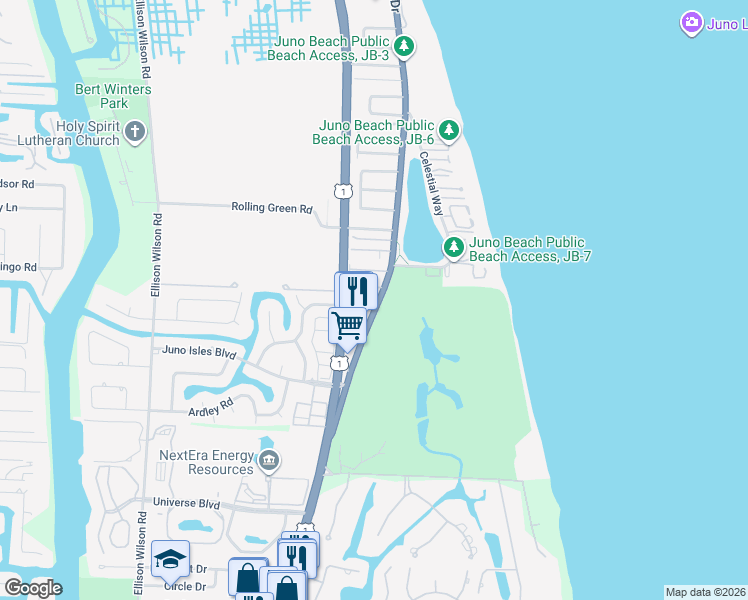 map of restaurants, bars, coffee shops, grocery stores, and more near in Juno Beach