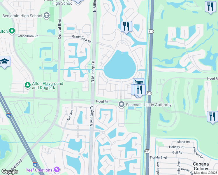 map of restaurants, bars, coffee shops, grocery stores, and more near 335 October Street in Palm Beach Gardens