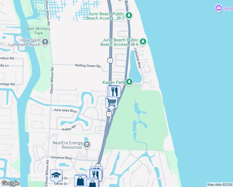 map of restaurants, bars, coffee shops, grocery stores, and more near 443 Juno Dunes Way in Juno Beach