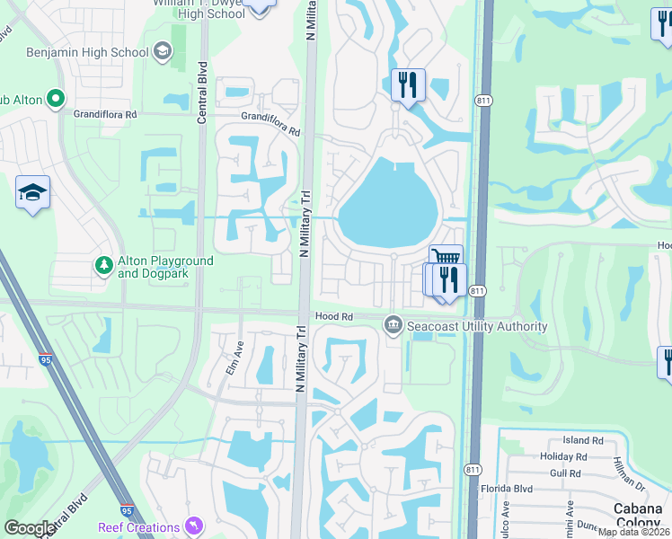 map of restaurants, bars, coffee shops, grocery stores, and more near 374 Columbus Street in Palm Beach Gardens