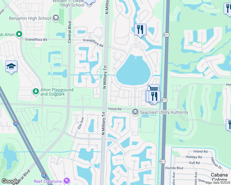 map of restaurants, bars, coffee shops, grocery stores, and more near 374 Columbus Street in Palm Beach Gardens