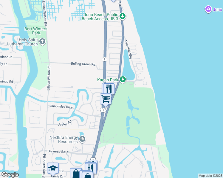 map of restaurants, bars, coffee shops, grocery stores, and more near in Juno Beach