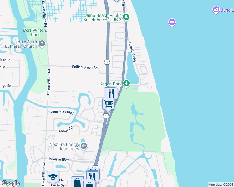 map of restaurants, bars, coffee shops, grocery stores, and more near in Juno Beach