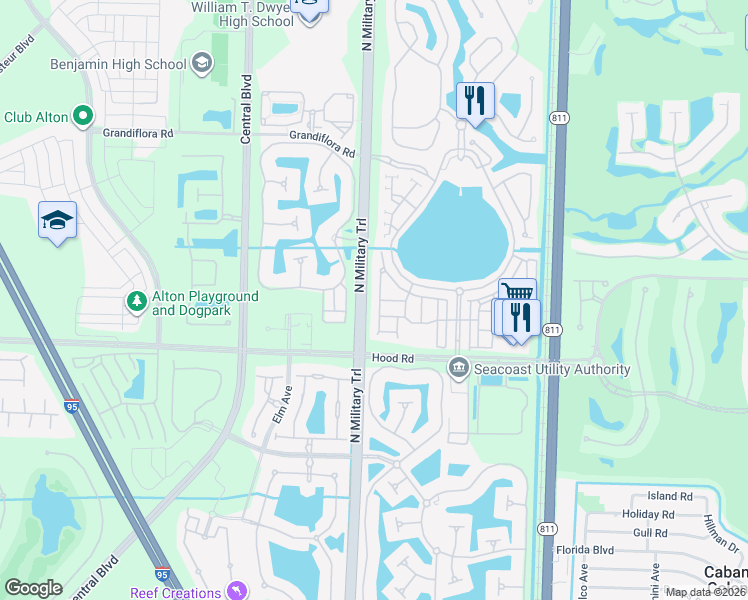 map of restaurants, bars, coffee shops, grocery stores, and more near 455 Pumpkin Drive in West Palm Beach