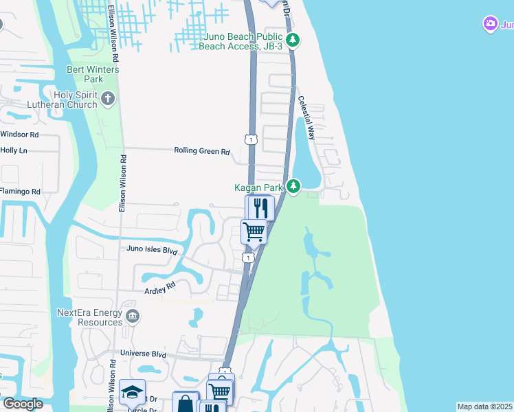 map of restaurants, bars, coffee shops, grocery stores, and more near 443 Juno Dunes Way in Juno Beach