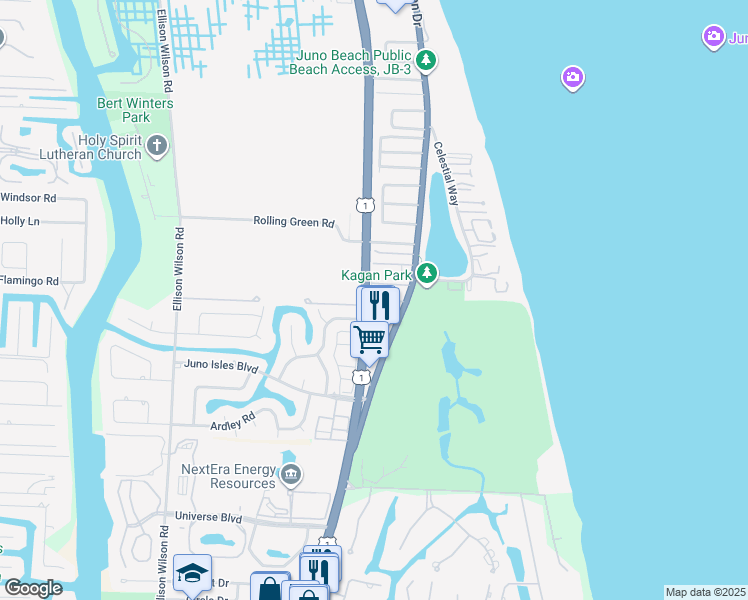 map of restaurants, bars, coffee shops, grocery stores, and more near 437 Juno Dunes Way in Juno Beach