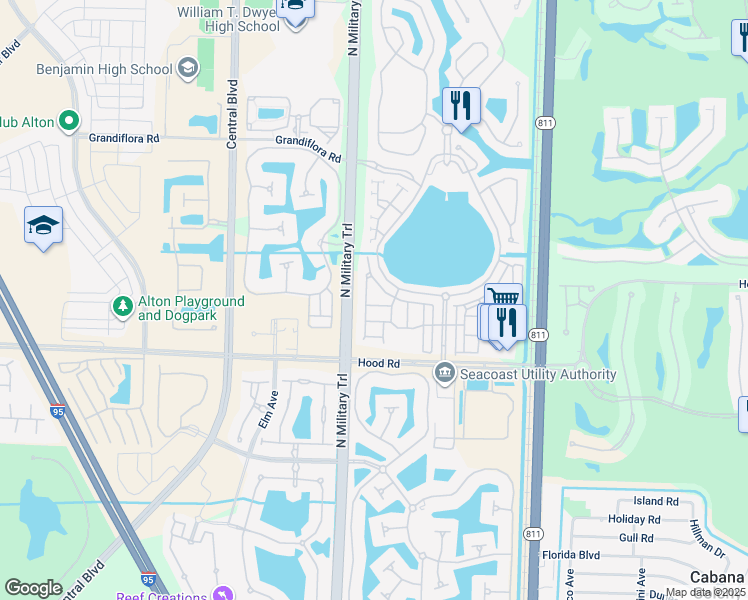 map of restaurants, bars, coffee shops, grocery stores, and more near 381 Columbus Street in Palm Beach Gardens