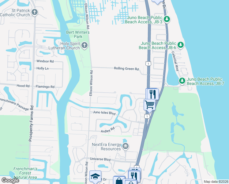 map of restaurants, bars, coffee shops, grocery stores, and more near West Hemmingway Drive in Juno Beach
