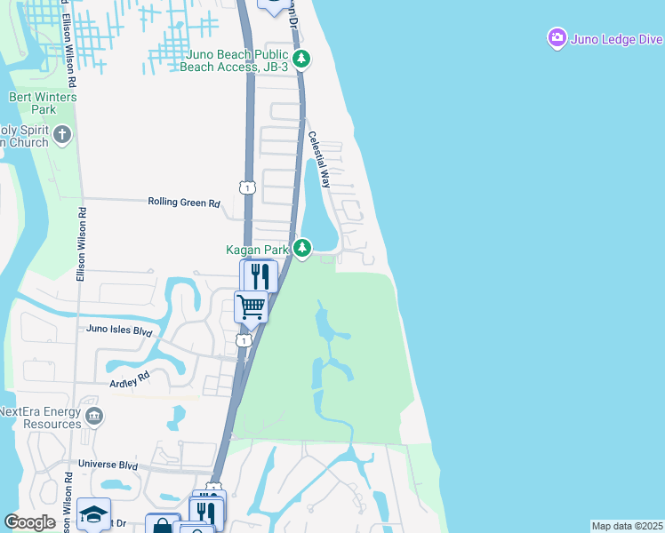 map of restaurants, bars, coffee shops, grocery stores, and more near 50 Celestial Way in Juno Beach