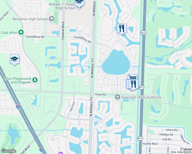 map of restaurants, bars, coffee shops, grocery stores, and more near 381 Columbus Street in Palm Beach Gardens
