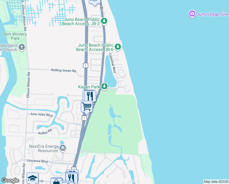 map of restaurants, bars, coffee shops, grocery stores, and more near 50 Celestial Way in Juno Beach